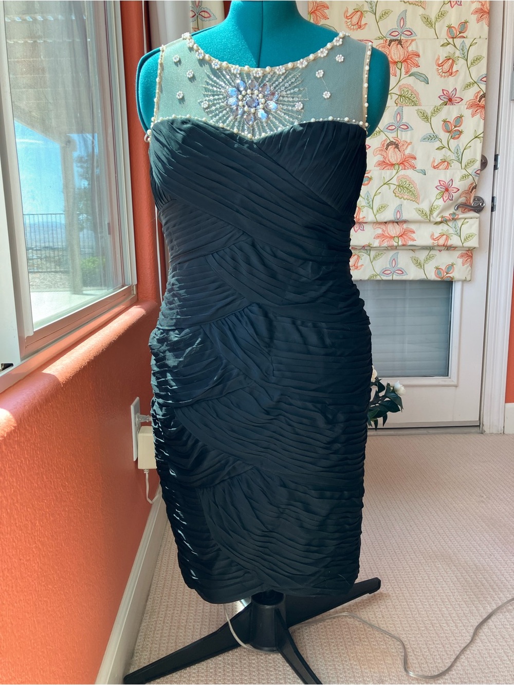 dressbarn Black Strapless Ruched Sheath Dress W/Jeweled Neck14